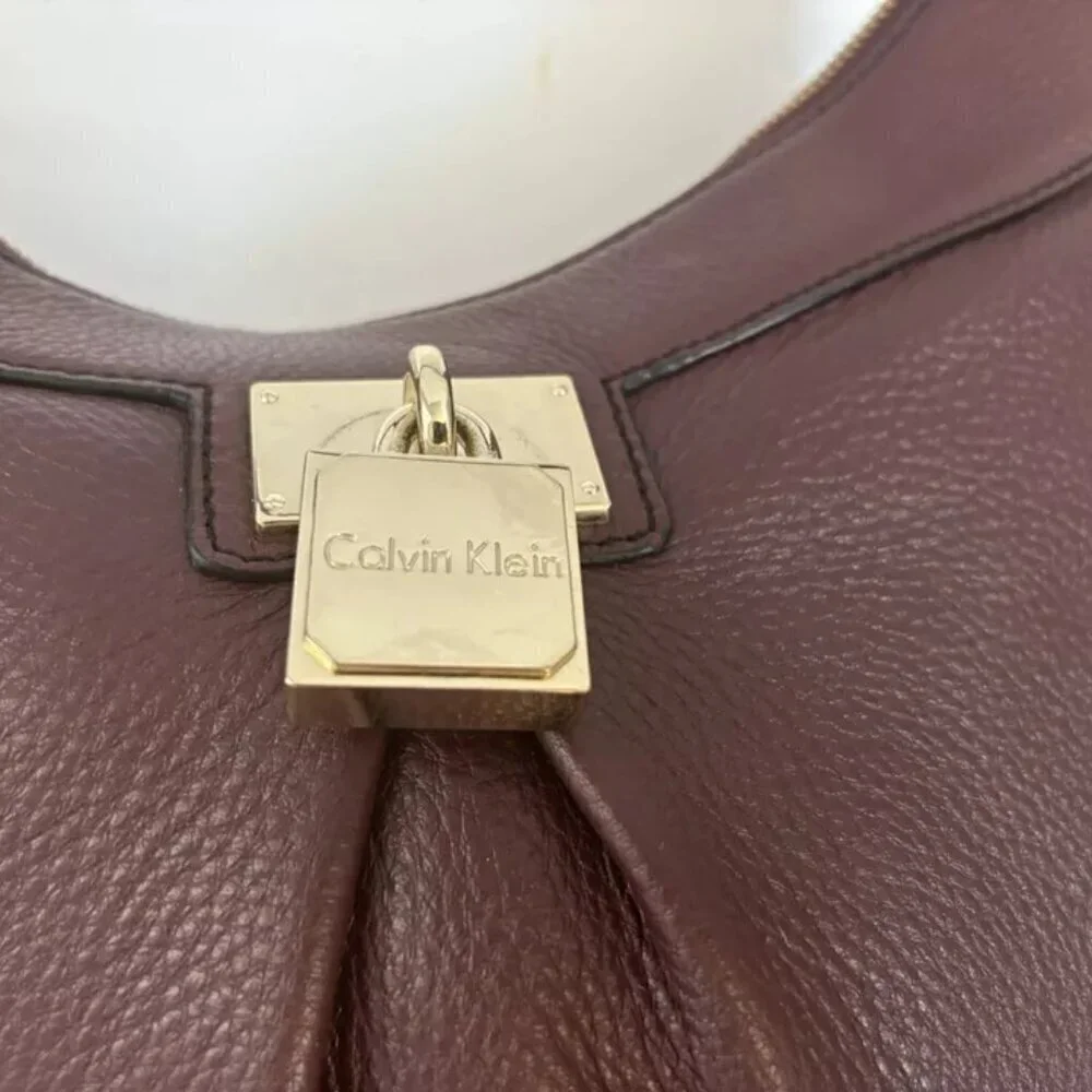 Calvin Klein Handbag Leather Satchel Burgundy Wine Shoulder Bag Tote Purse Fully